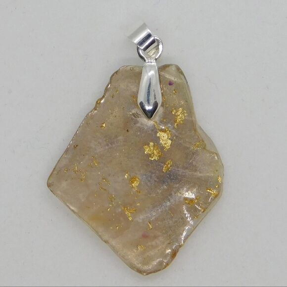 Gold Flecked Epoxy Resin Silver Mica Chip Pendant 18 in Sterling Silver Chain - Picture 6 of 10